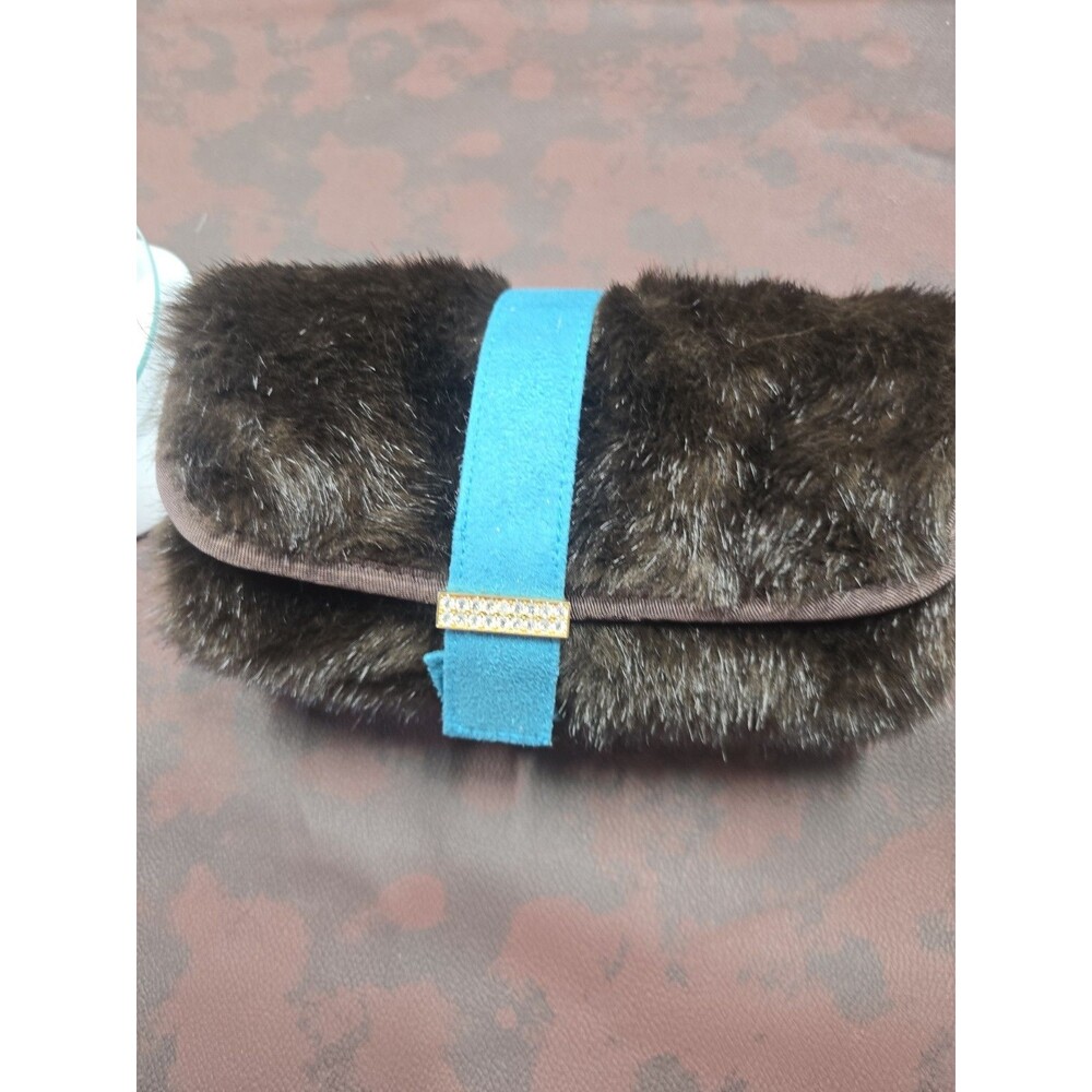 Stephanie Johnson Faux Fur Jewelry Cosmetic Bag Brown Turquoise Rhinestone